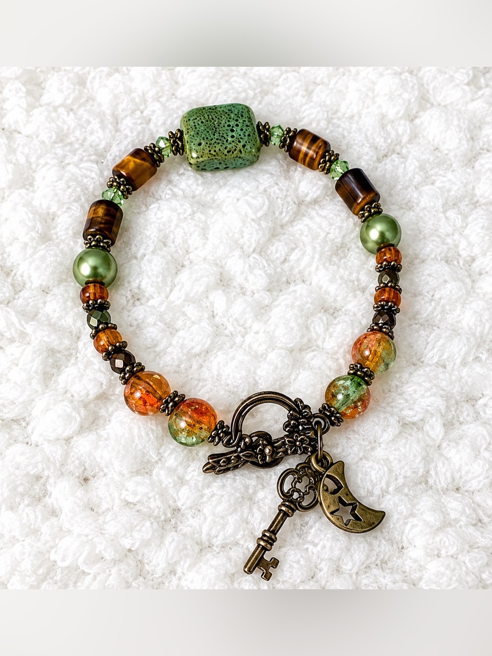 Green Ceramic Focal Bead and Tiger Eye Wire Strung Bracelet